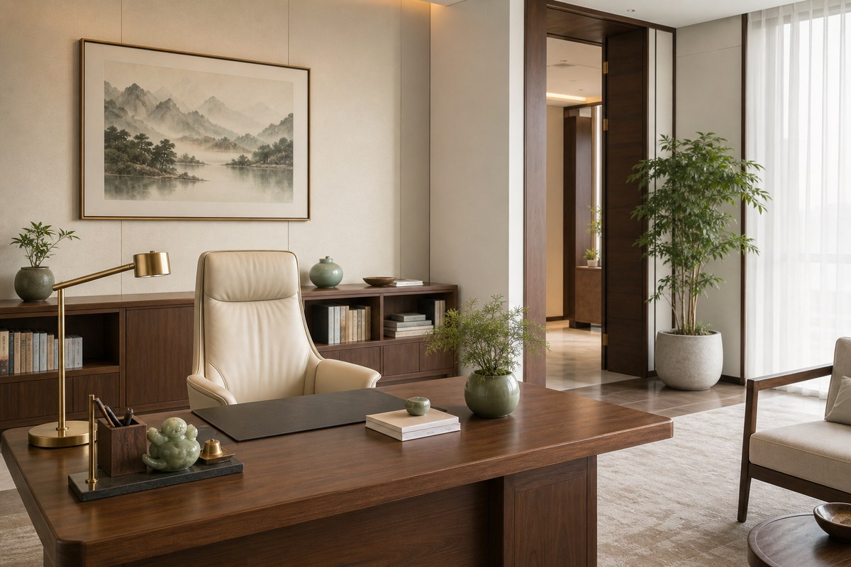 Office chair with wall and bookcase support behind it, desk angled toward a side doorway, and plant buffer nearby