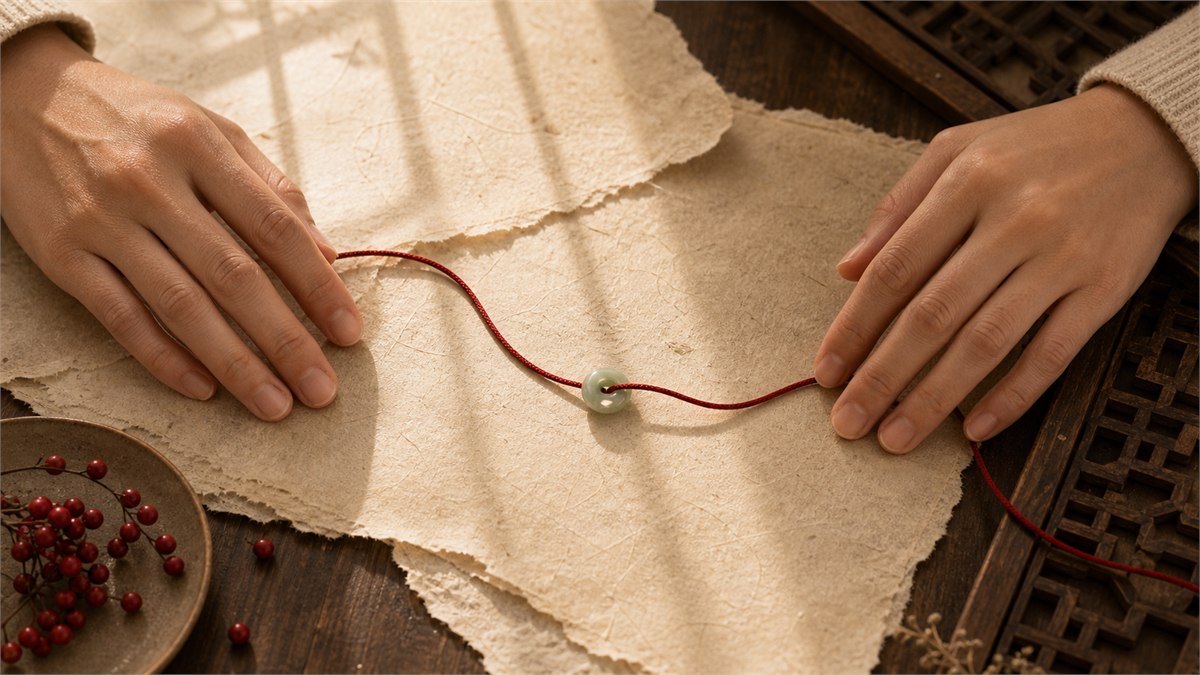 One continuous red thread passing between two hands, jade, and handmade paper in warm light