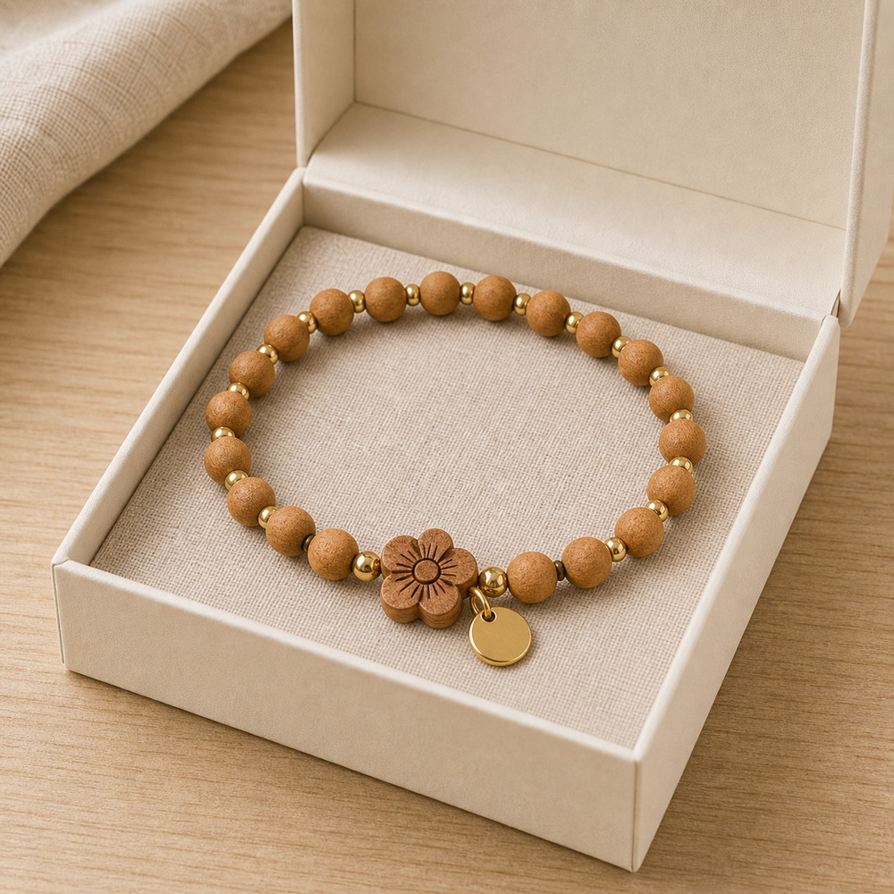 Peach Blossom Sandalwood Bracelet, product in a neutral open display box