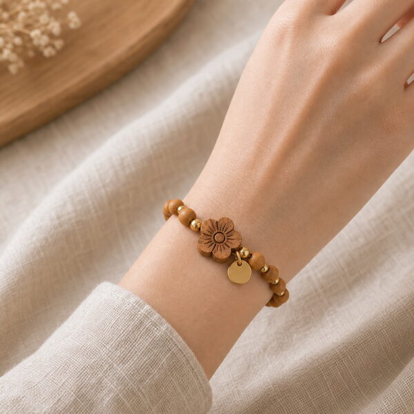 Peach Blossom Sandalwood Bracelet - Wrist Peach Blossom Sandalwood Bracelet, faceless natural wrist wearing the product