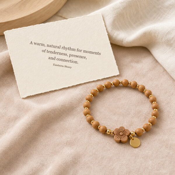 Peach Blossom Sandalwood Bracelet - Meaning Card Peach Blossom Sandalwood Bracelet, product on premium textile with a meaning card