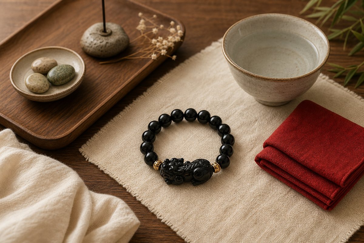 A Pixiu bracelet or small carving beside red cloth, a porcelain water bowl, and a soft cloth on warm wood
