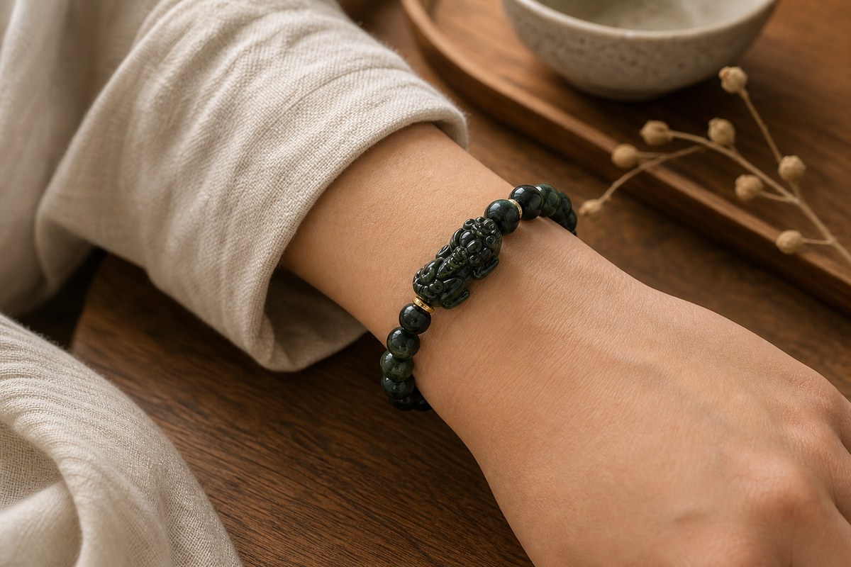 A wrist wearing a realistic Pixiu bead bracelet with the carved charm facing outward