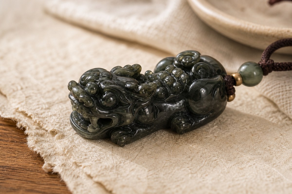 Macro view of a carved Pixiu charm showing the eye, open mouth, claws, back lines, and polished stone surface