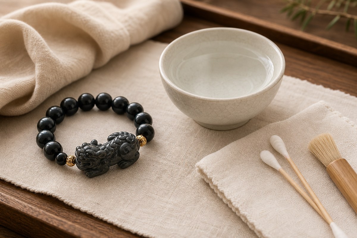 A small Pixiu carving with a clear water bowl, soft cloth, and cotton swabs on cream linen