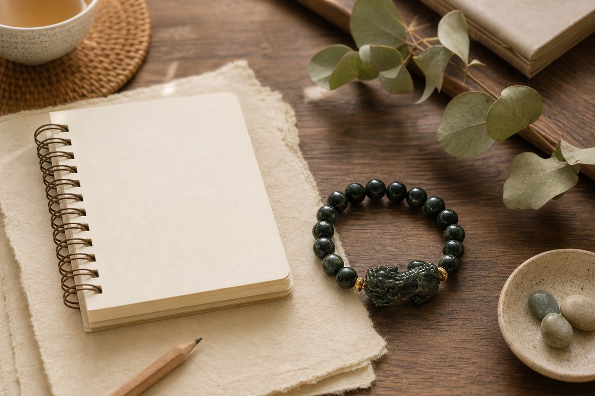 A Pixiu bracelet beside a blank notebook and handmade paper on a warm wooden desk