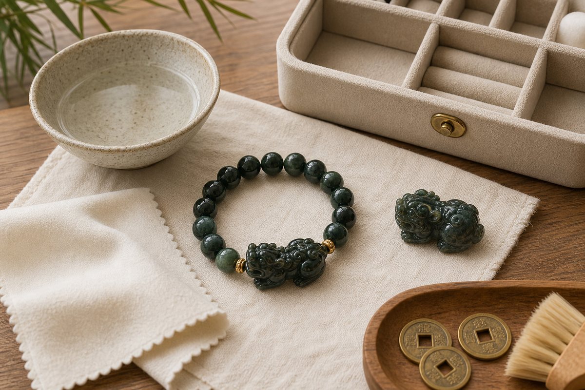 A Pixiu bracelet and small carving beside a soft cloth, clean water bowl, and neutral jewelry box