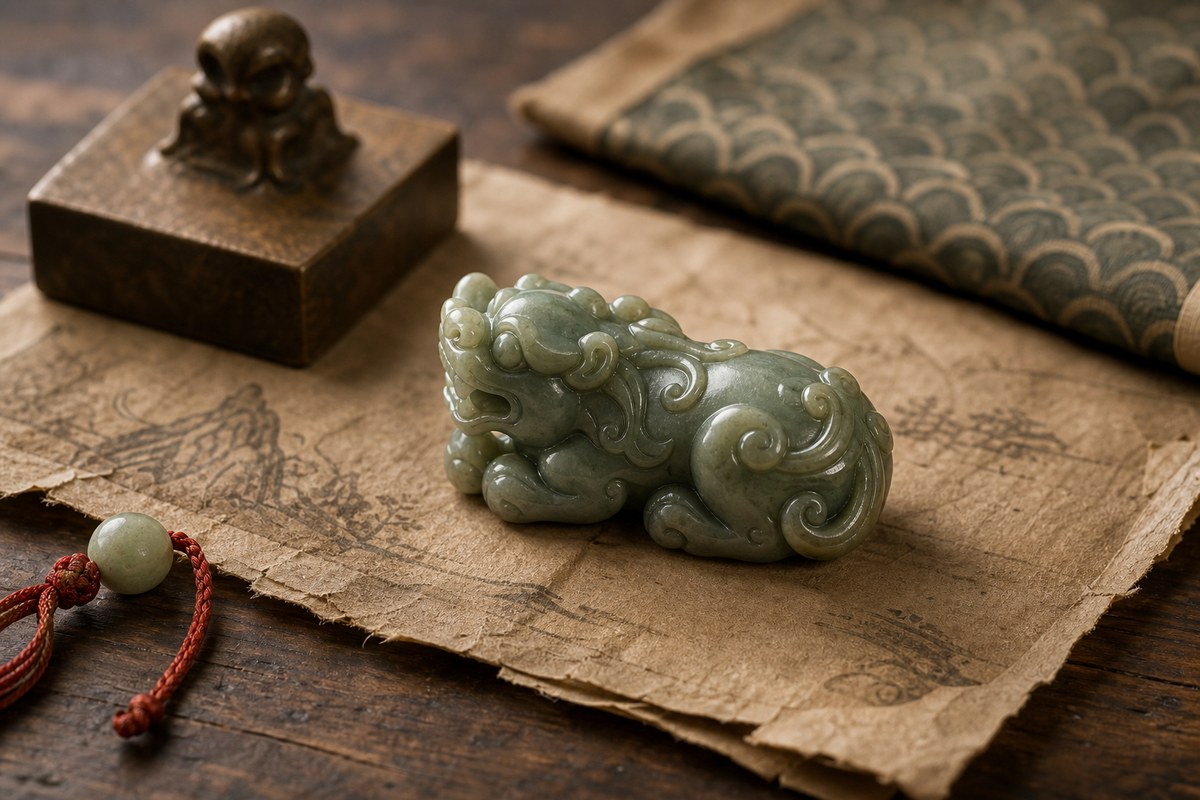 A small carved Pixiu object with parchment, an aged seal-like prop, and muted scale-pattern cloth