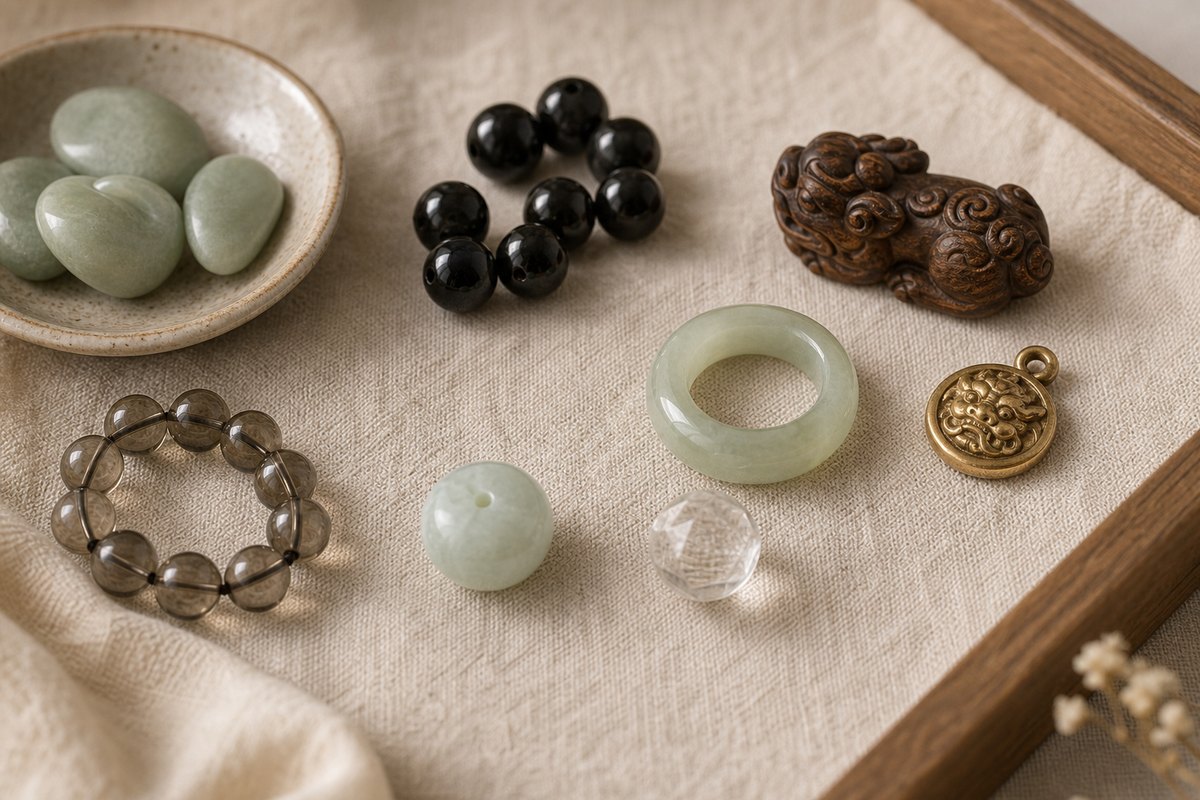 Close-up samples of jade, black obsidian beads, gold-toned metal, carved wood, and pale crystal on warm linen