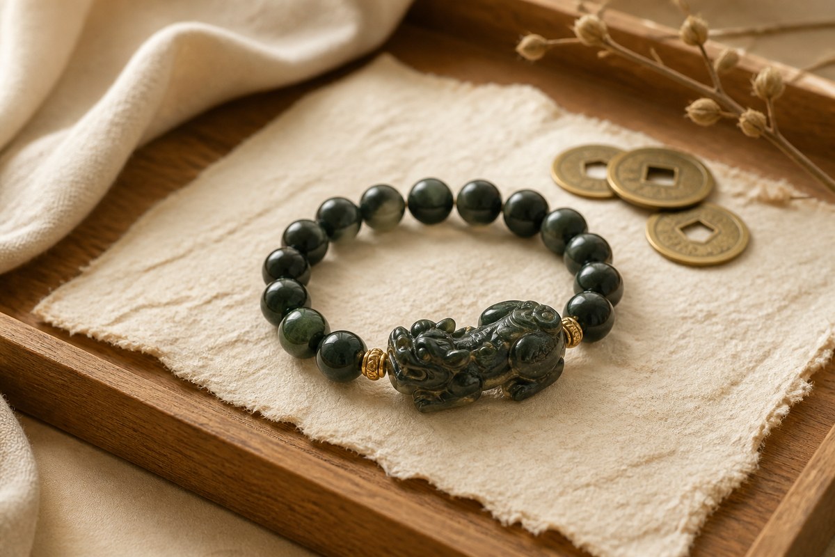 A Pixiu bracelet and small carved charm arranged on warm paper with wood and muted brass coins