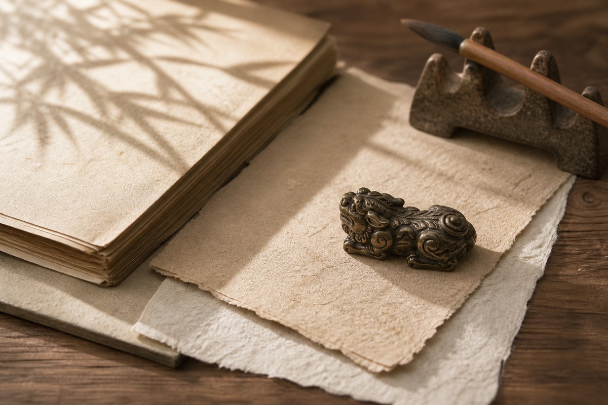A small bronze Pixiu-like carving beside unreadable old pages, handmade paper, and bamboo shadow