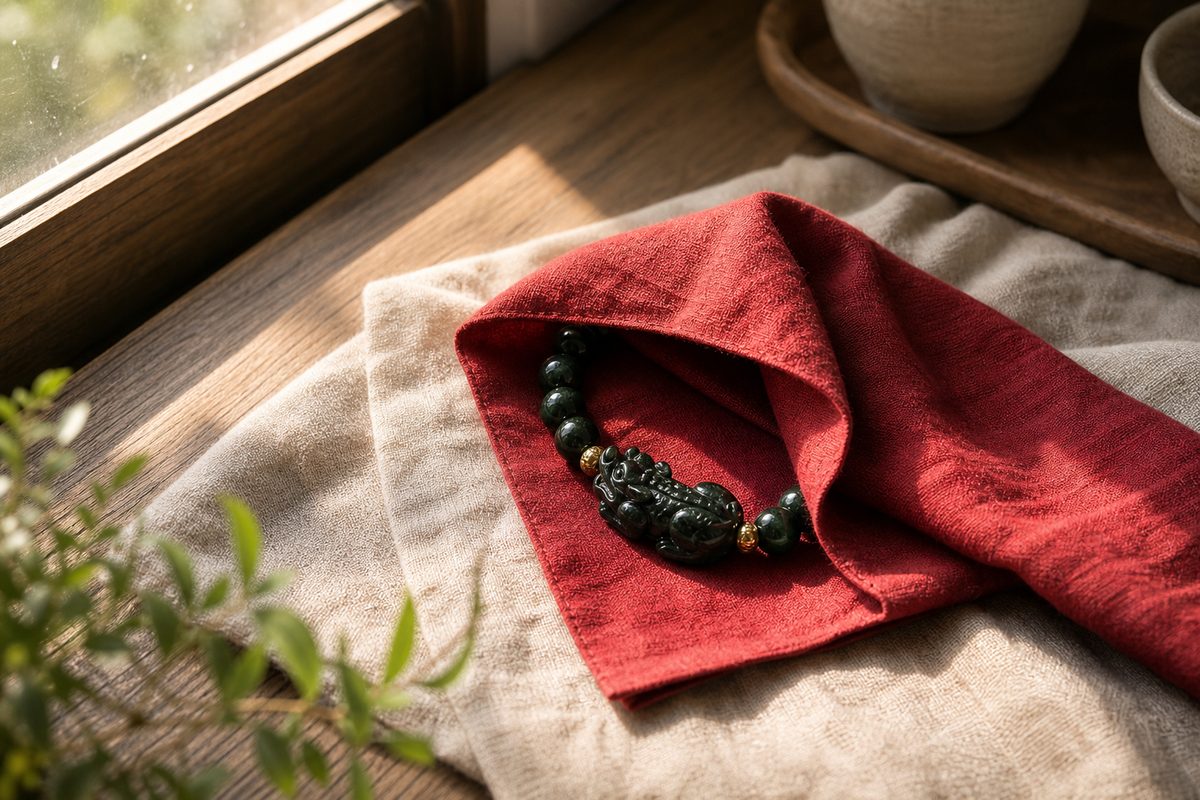 A small Pixiu bracelet partly wrapped in red cloth near a window in soft natural daylight