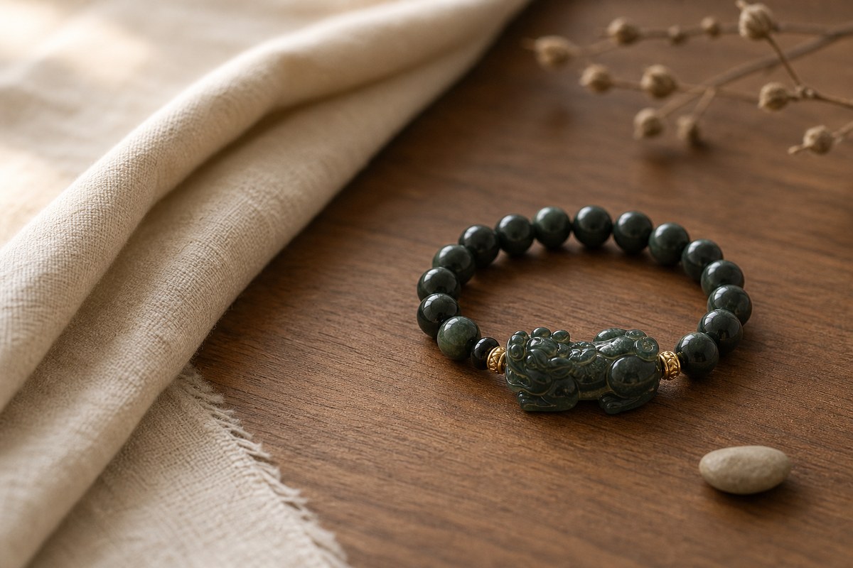 A low-key Pixiu bracelet resting on a warm wood surface with cream linen and open negative space