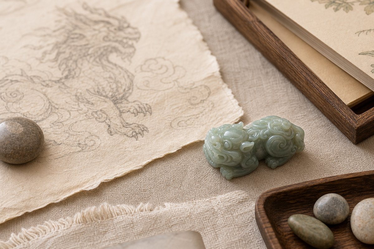 A small Pixiu-style stone carving beside blurred mythic-beast paper texture and warm handmade paper