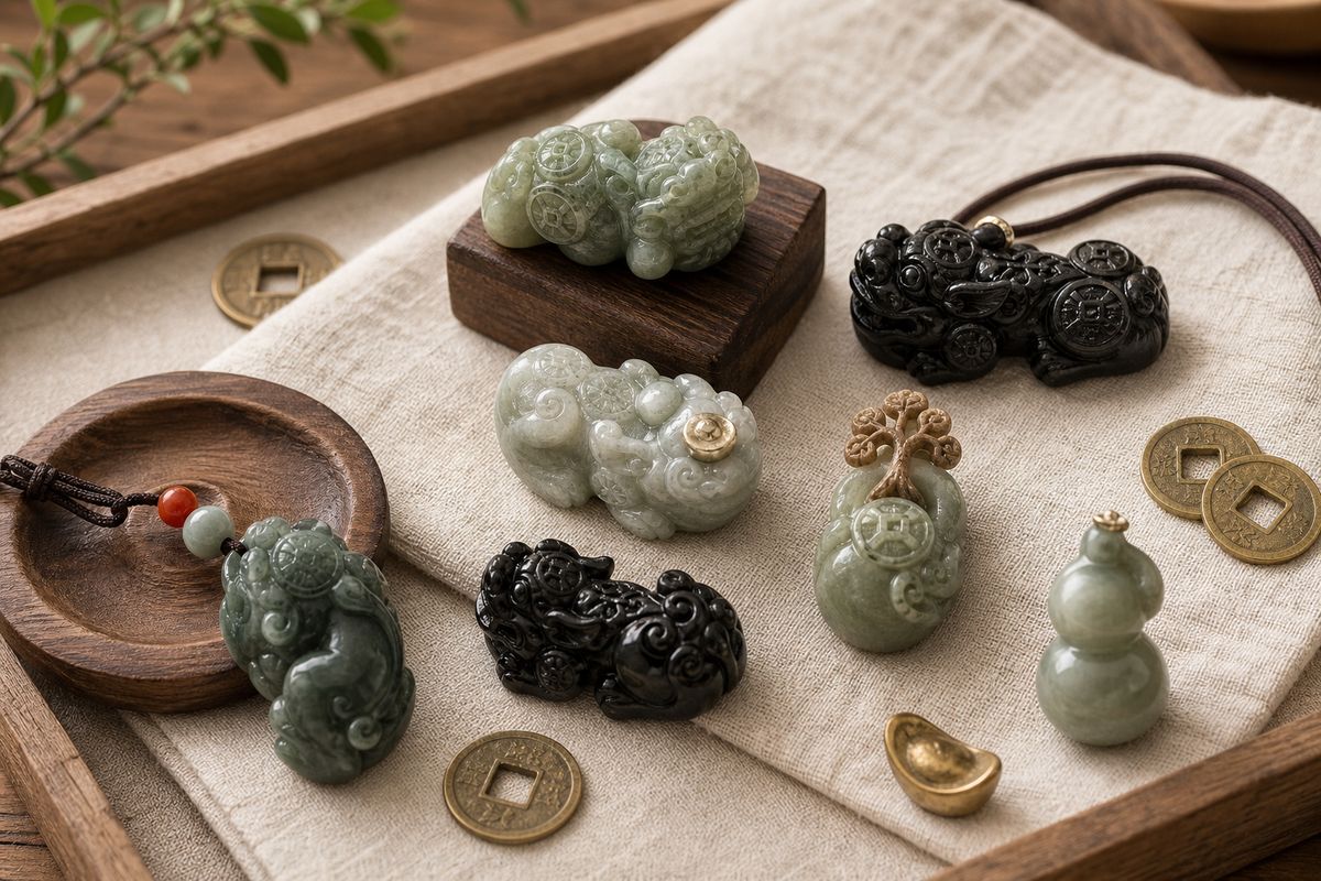 Several Pixiu charms and small carvings with coin, gourd, ingot, and branch-like motifs arranged on linen