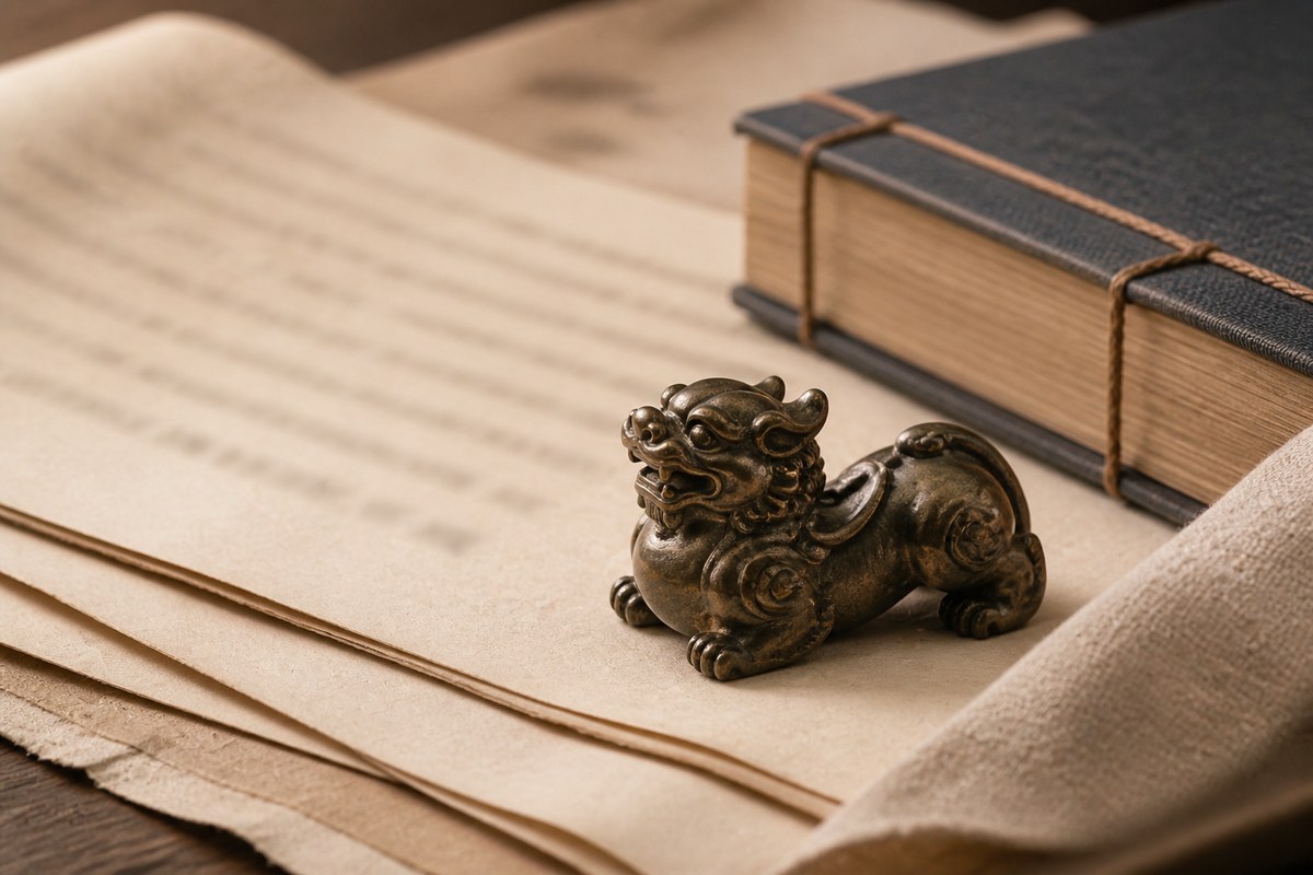 A small bronze guardian beast beside antique-style pages with no readable writing