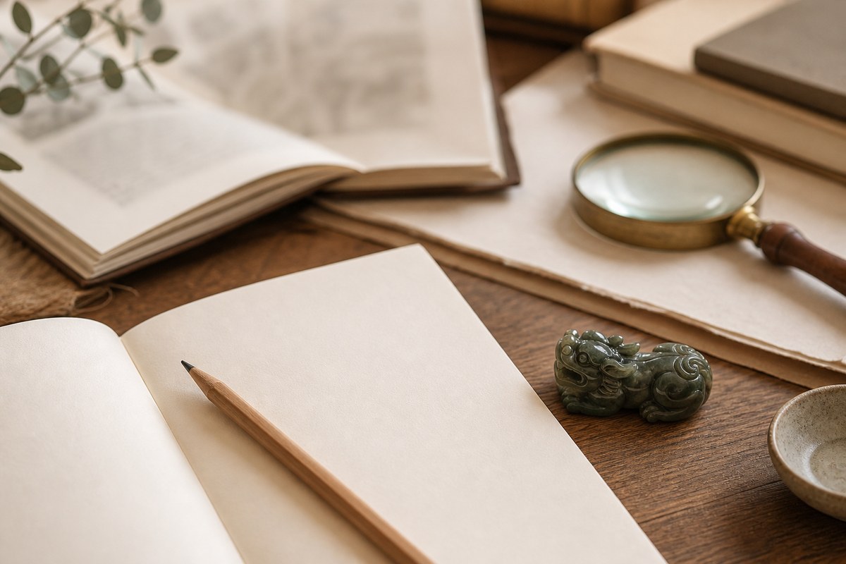 A small Pixiu carving beside blank notes, unreadable reference pages, and a pencil on a warm desk