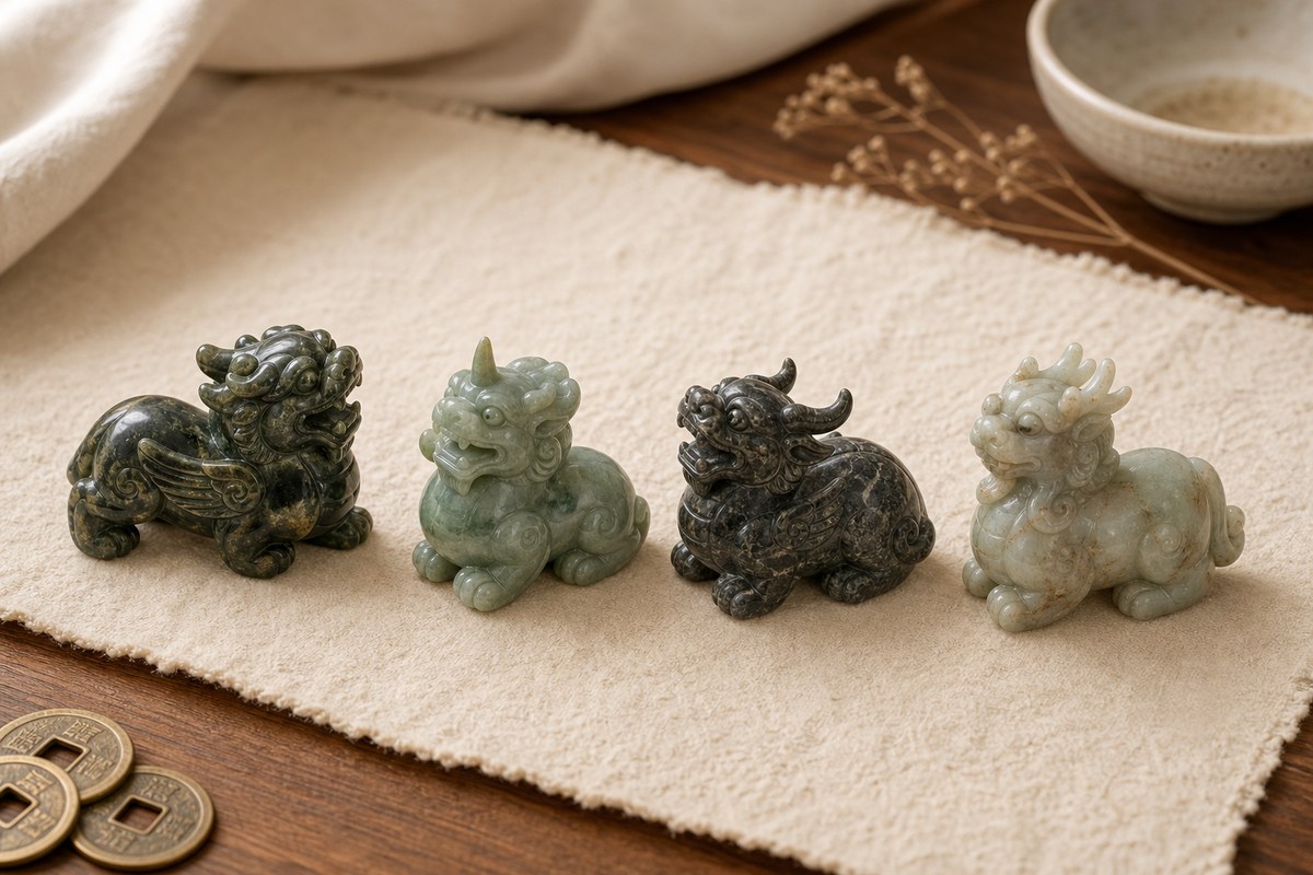 Four small carved mythical beast ornaments arranged on warm paper to compare Pixiu, Tianlu, Bixie, and Qilin forms