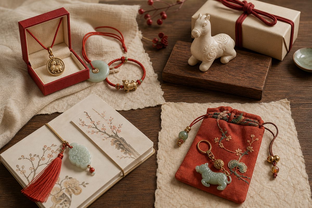 Zodiac jewelry, small display figurine, stationery object, pouch, red cord, jade stone, and gift box