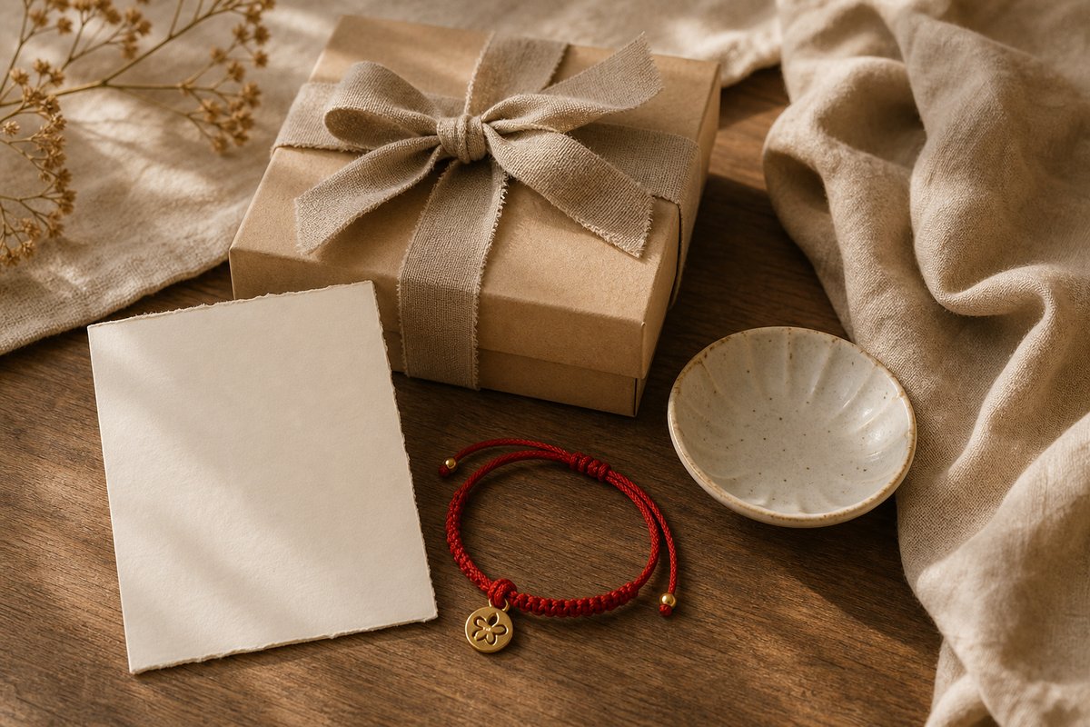 Neutral gift box, blank card, red cord charm, linen wrap, and ceramic dish on warm wood
