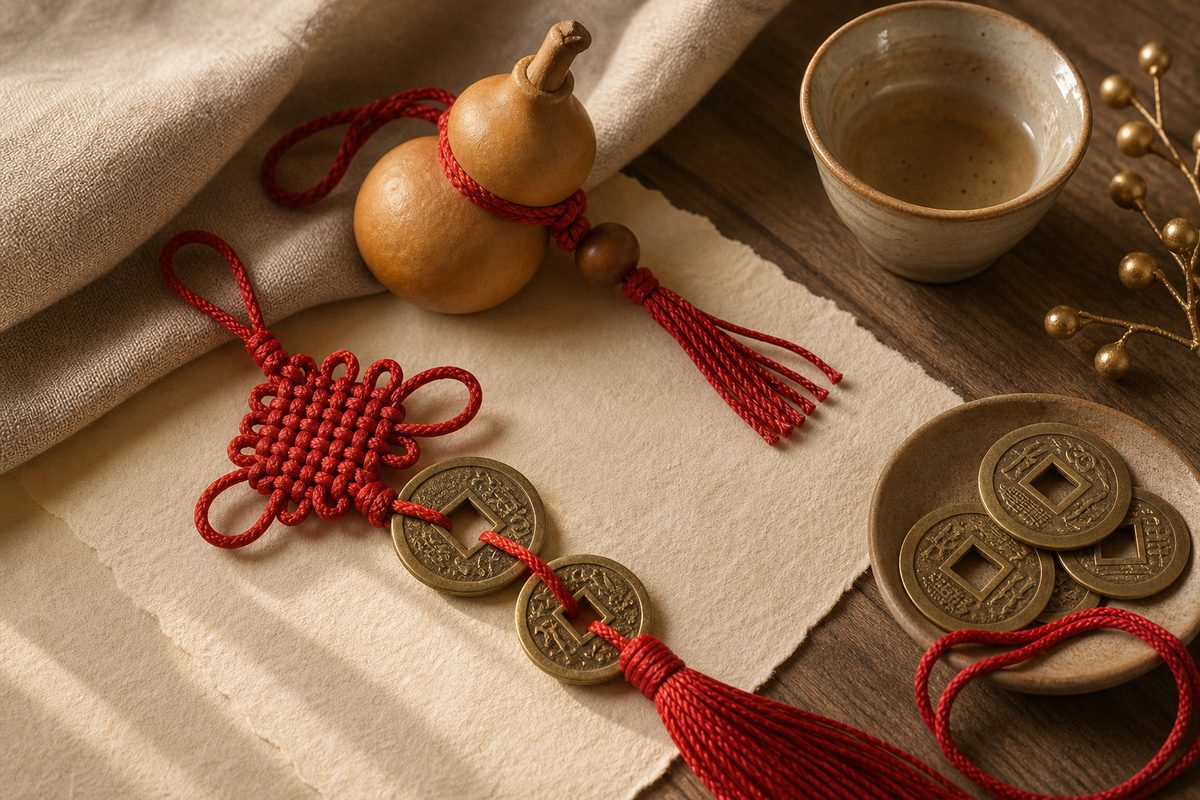 Eastern knot, brass coin charms, gourd charm, and red cord arranged on ivory paper and wood