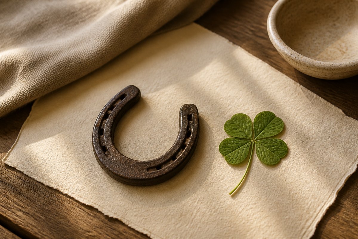 Aged iron horseshoe and four-leaf clover on warm ivory handmade paper and wood
