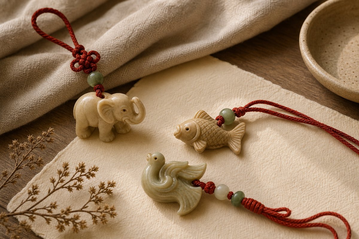 Small elephant, fish, and bird-like charms with red cord and muted jade-toned beads on ivory paper