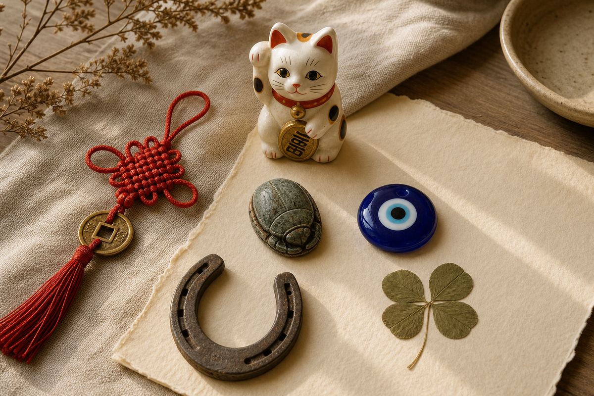 Restrained still life of cultural lucky symbols including an Eastern knot, maneki-neko, scarab, eye amulet, horseshoe, and clover