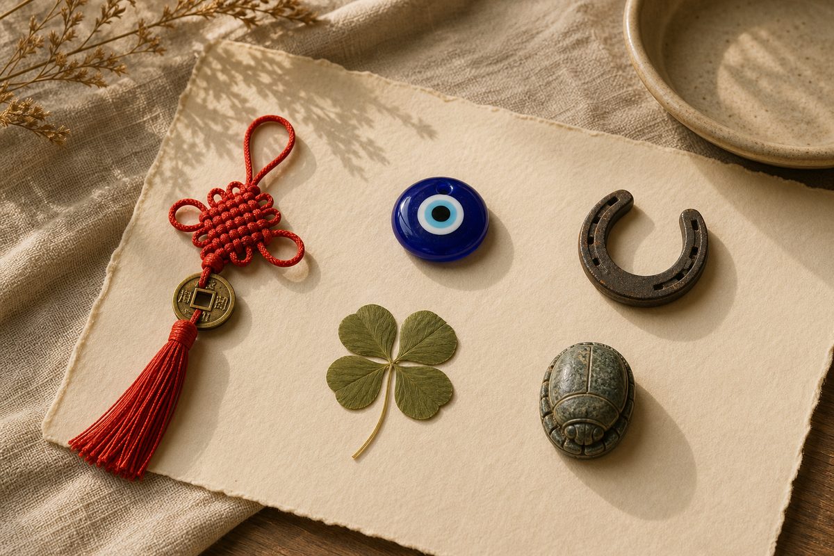 Separated cultural good-luck objects including an Eastern knot, eye bead, horseshoe, clover, and scarab-like stone