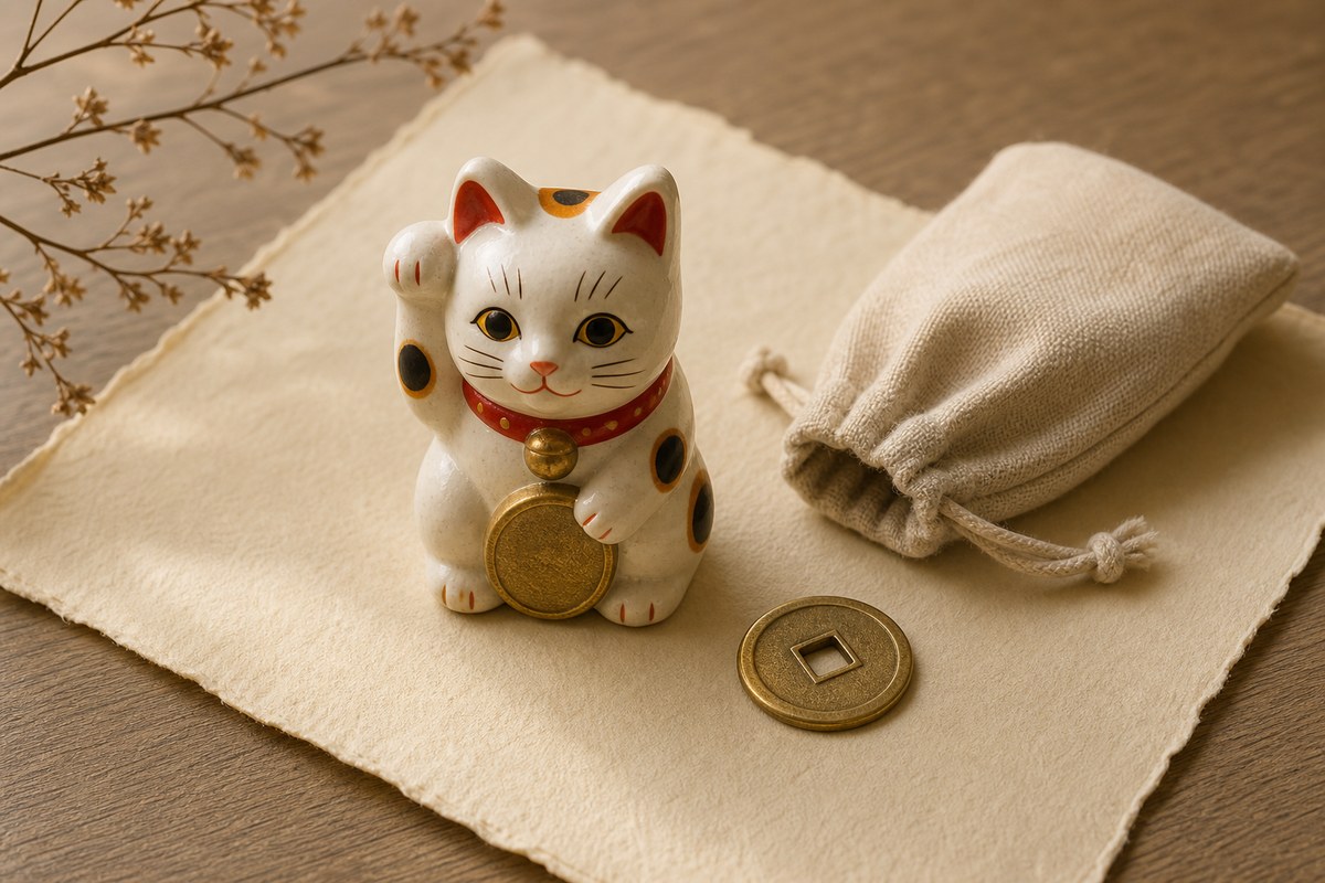Small ceramic maneki-neko style lucky cat with a neutral pouch and gold-toned coin on warm paper