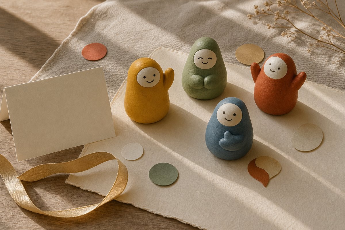 Generic unbranded mascot figurines with ribbon and blank card on ivory paper and wood