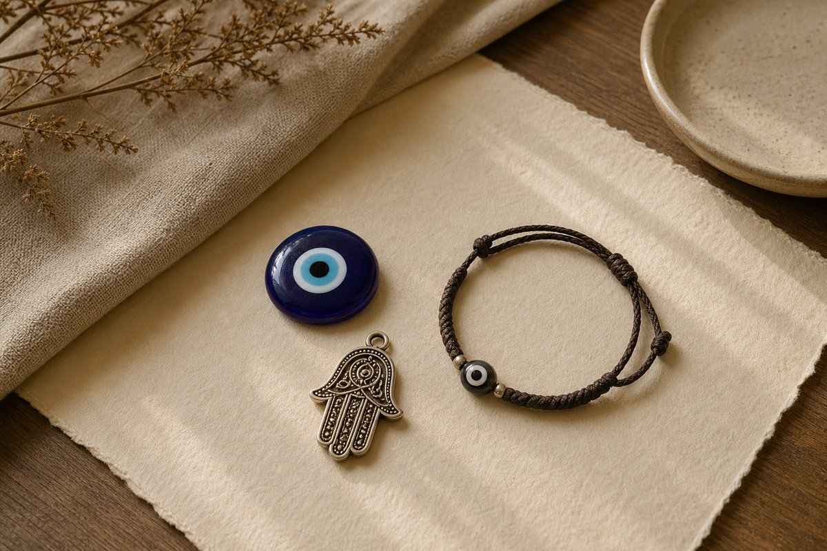 Blue eye bead, simple hand-shaped charm, and cord bracelet on ivory paper and linen