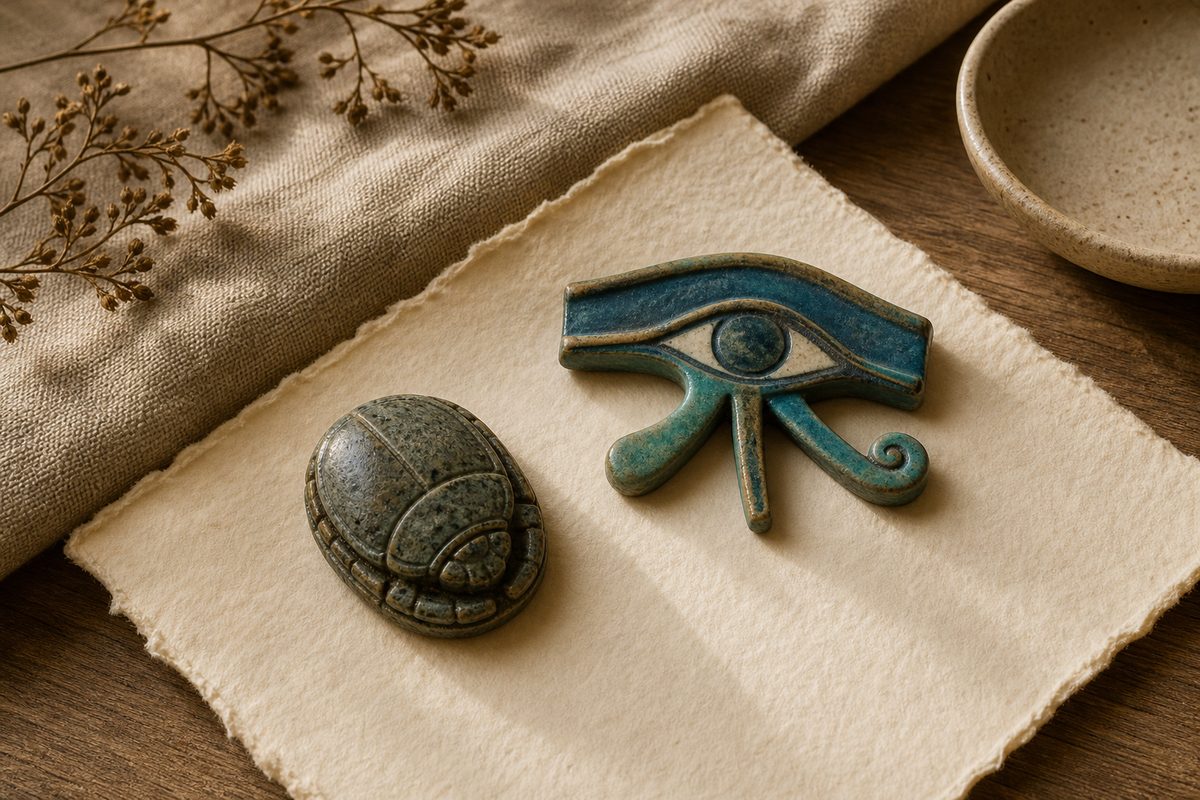 Scarab-shaped carved stone and blue-green eye amulet on ivory paper with sand-colored linen