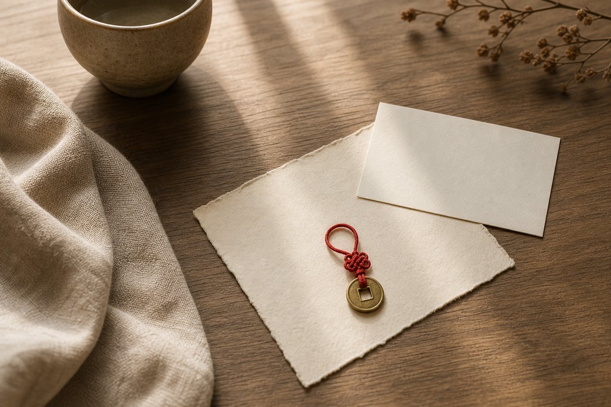 Single small charm placed carefully on ivory paper with a blank note card, linen cloth, and ceramic cup