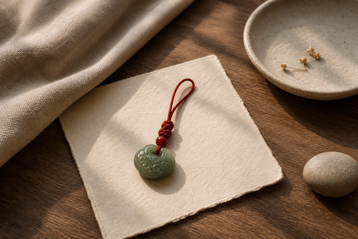 Small personal charm with red cord, stone, and ceramic dish on warm ivory paper