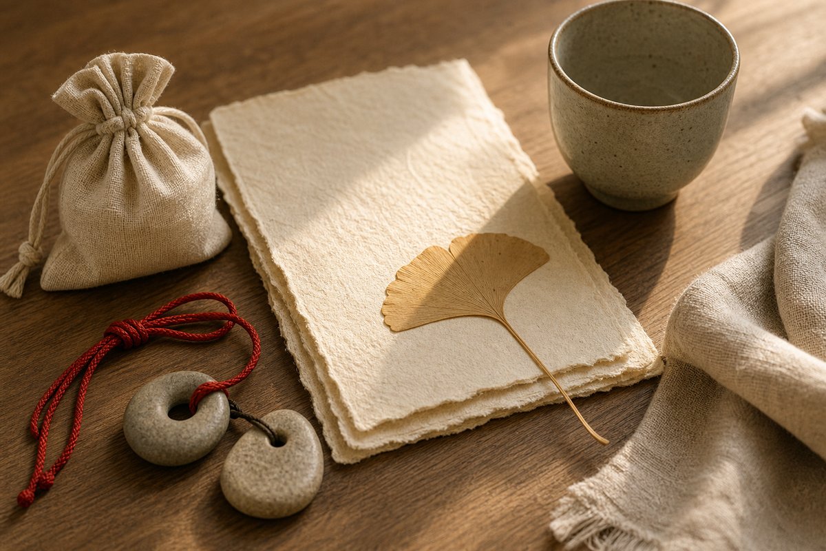 Gift pouch, red cord, stone charms, ceramic cup, and blank handmade papers arranged on wood
