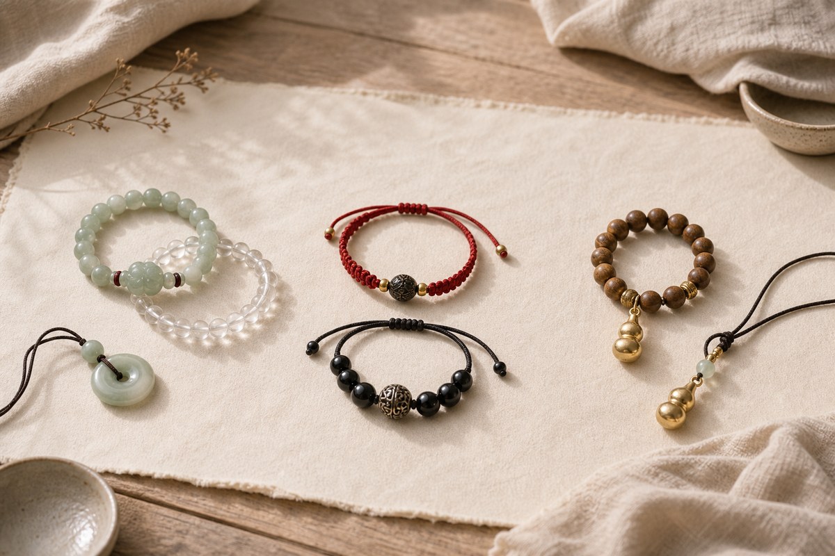Small groups of jade red cord dark stone and hulu jewelry arranged for different protective needs