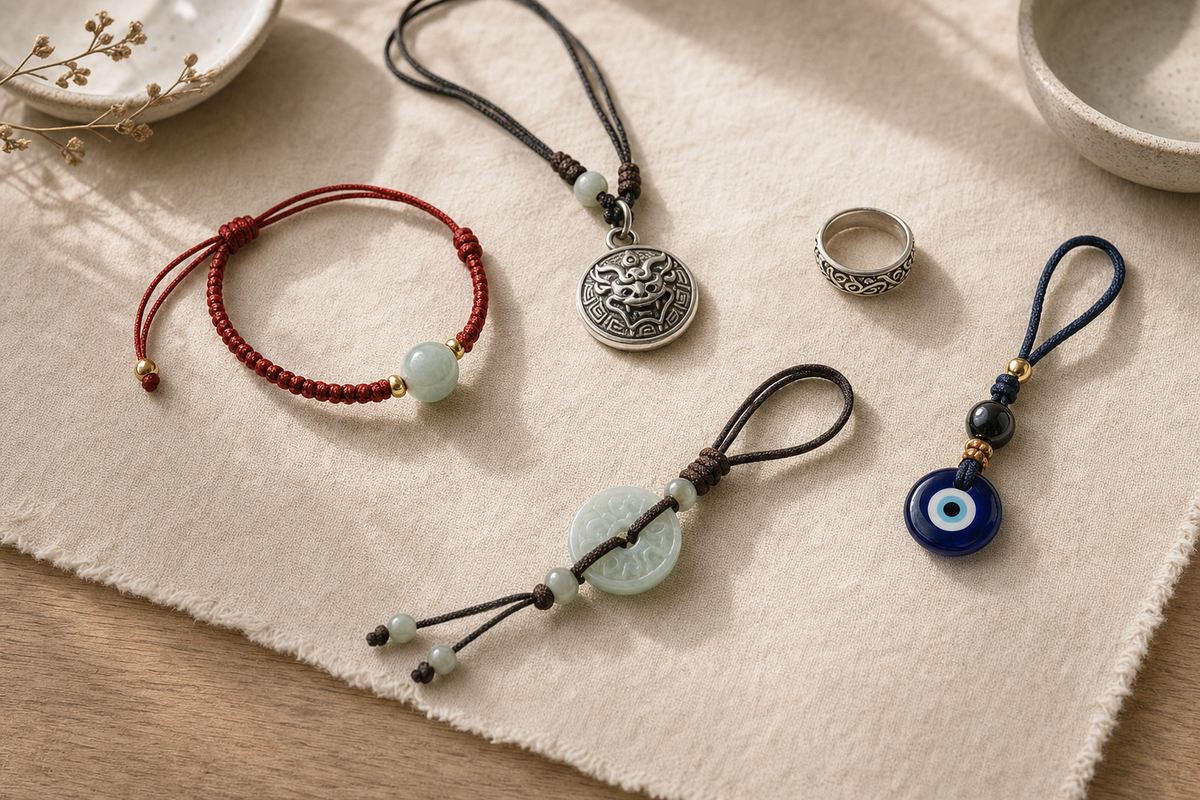 Bracelet pendant ring waist charm and bag charm shown as protective jewelry types