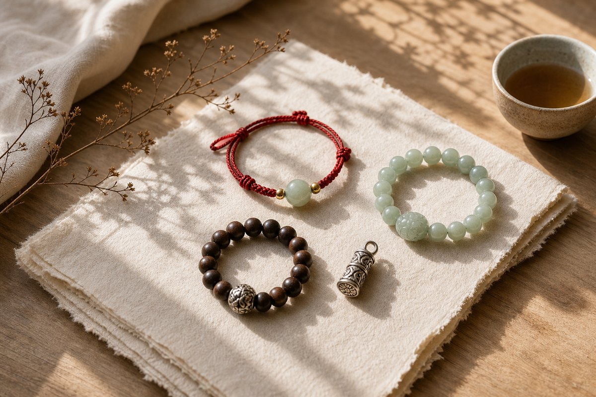 Red cord jade dark stone and silver protective jewelry beside tea and handmade paper