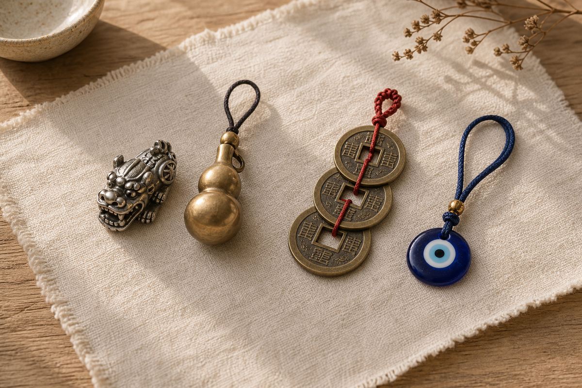 Pixiu charm hulu pendant five emperor style coins and blue evil eye style amulet on linen