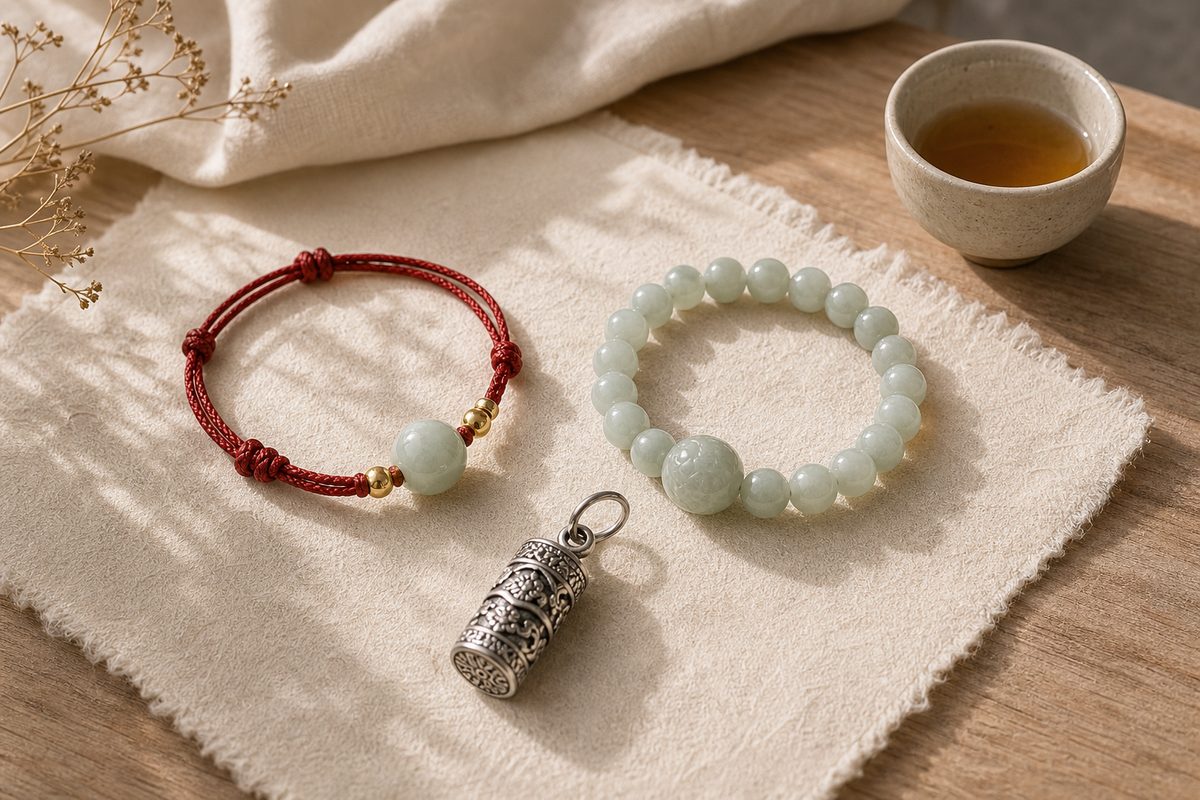 Red string jade bracelet and silver pendant arranged as everyday protective jewelry