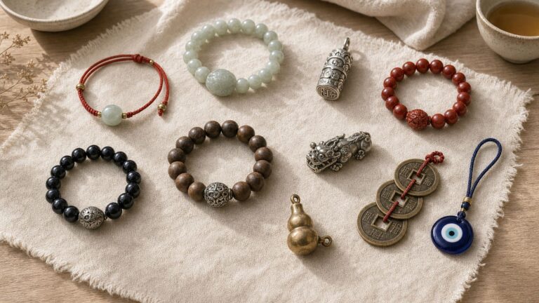 Protective jewelry with red string jade silver charms hulu coins dark stone and evil eye amulet
