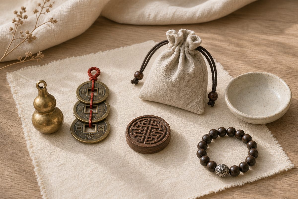 Hulu object five emperor style coins fabric pouch wood token and bracelet arranged separately