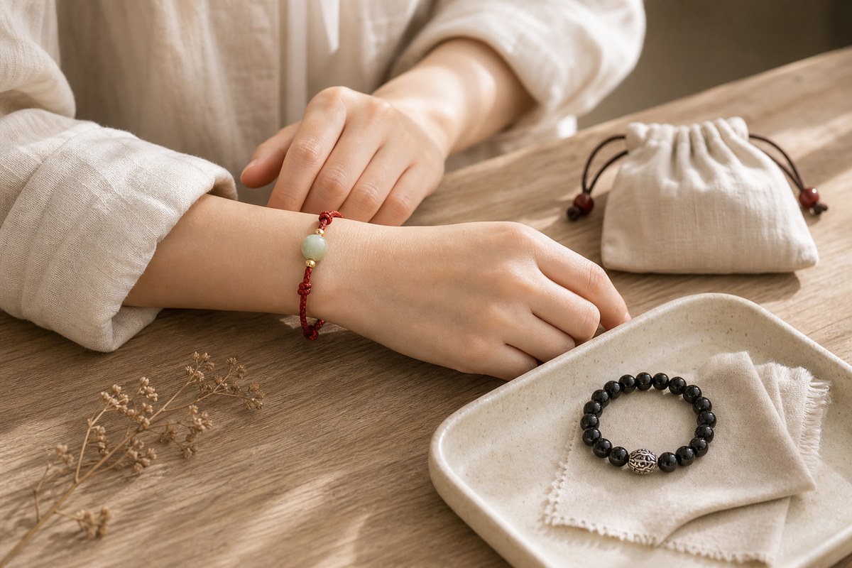 Wrist wearing a red string bracelet beside dark stone bracelet soft cloth pouch and tray