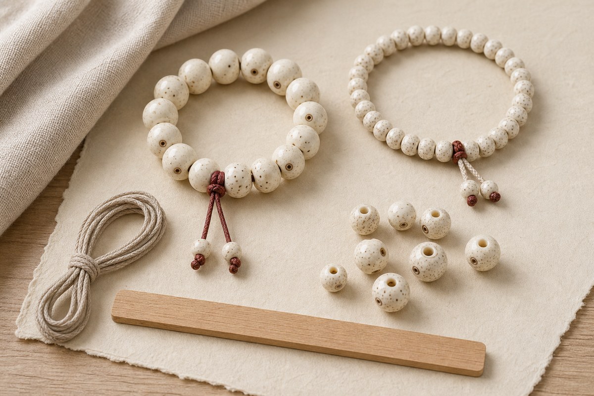 White bodhi bracelets, loose seed beads, cord, and a blank wooden measuring strip