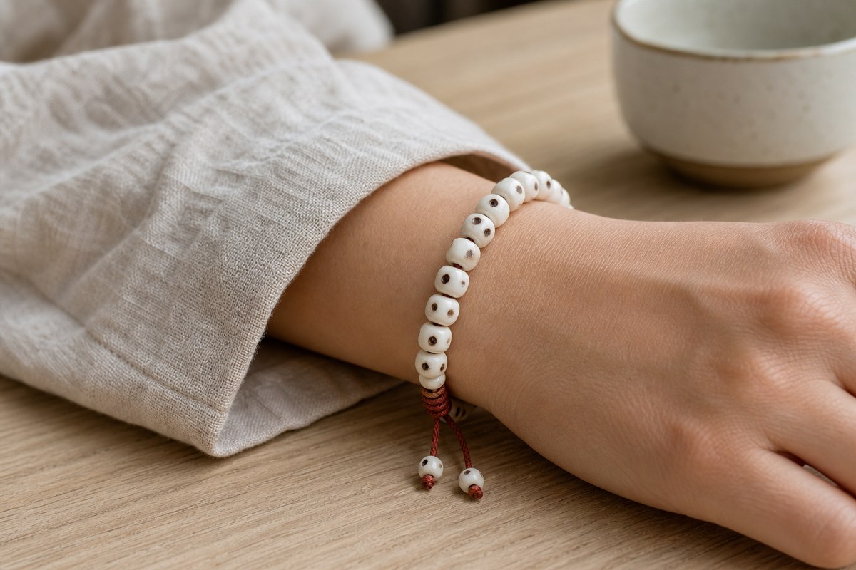 White bodhi bead bracelet worn on a wrist with neutral linen clothing