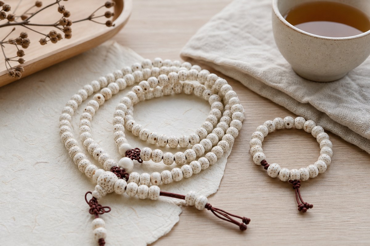Close view of white bodhi seed bracelet beads with natural moon-eye dots