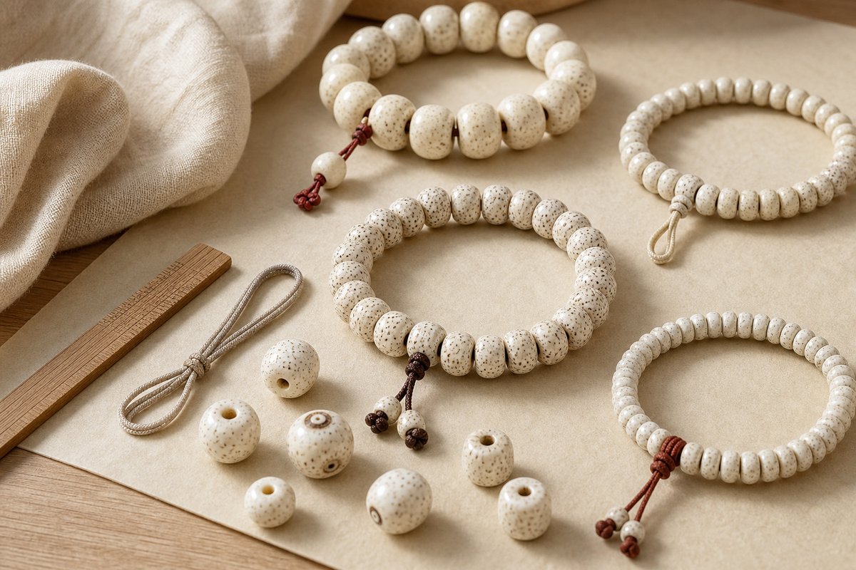 White bodhi bead bracelets and loose seed beads arranged on warm linen
