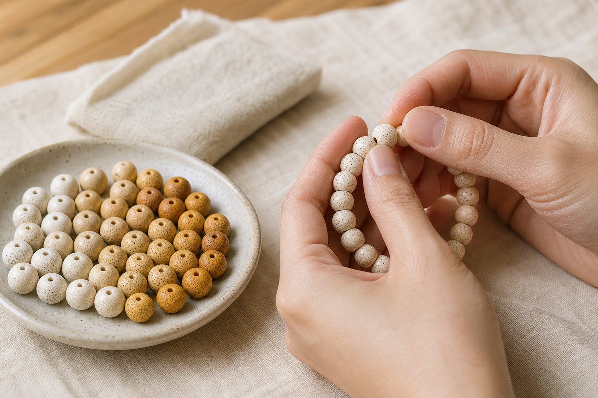 Hands gently rolling white bodhi beads beside cream and honey-colored seed beads