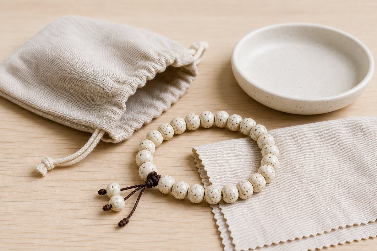 White bodhi bead strand and bracelet on linen with a simple ceramic cup